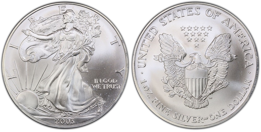 2003 American Silver Eagle dollar obverse and reverse showing Walking Liberty and Heraldic Eagle designs