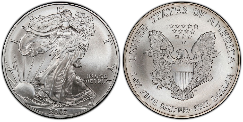 Side-by-side comparison of 2003 Silver Eagle MS69 with minor marks versus MS70 with perfect fields