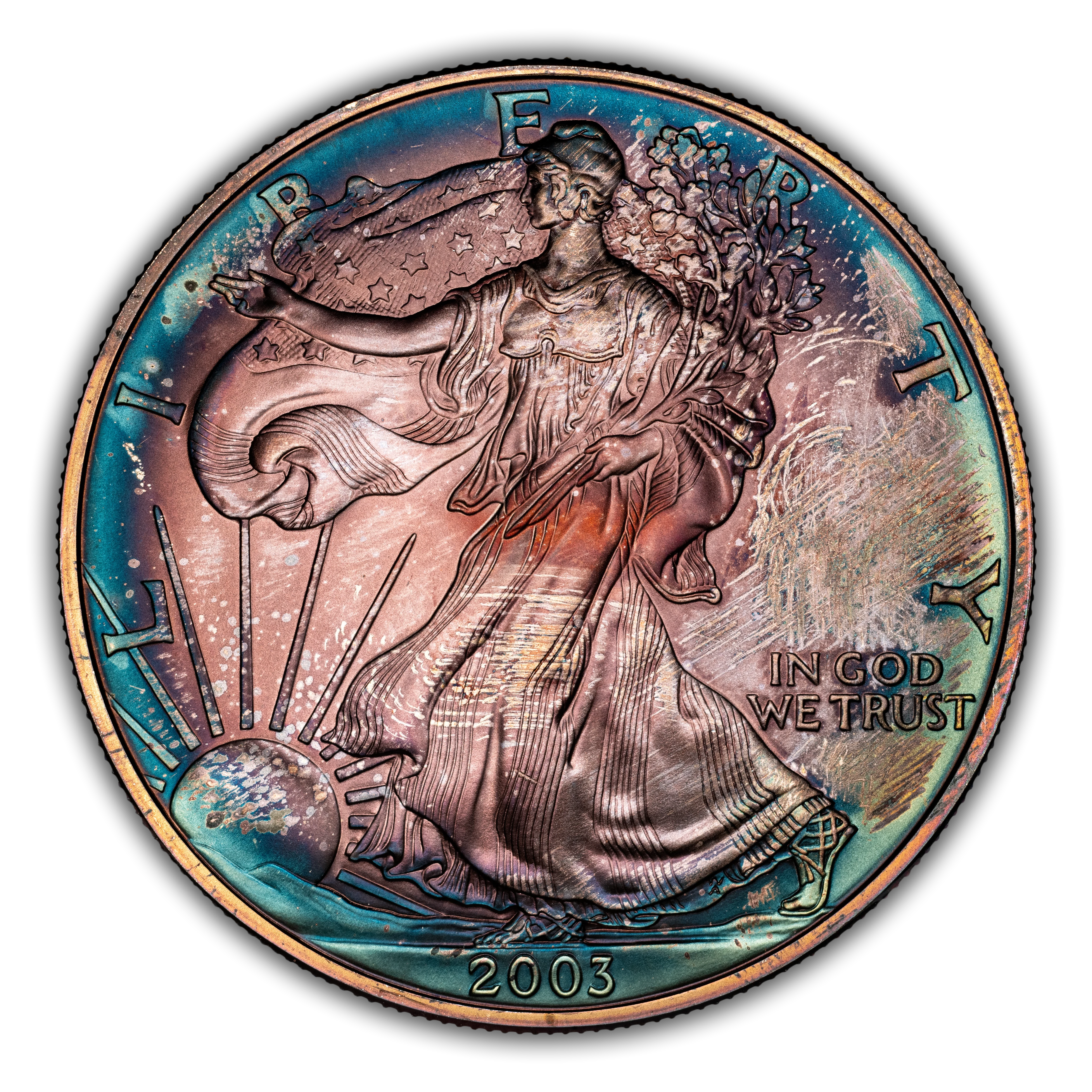2003 Silver Eagle off-center strike error showing Walking Liberty design shifted with blank planchet crescent visible