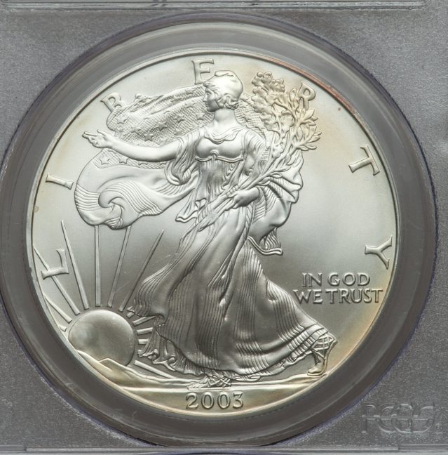 2003 Silver Eagle in PCGS slab showing signature label variety with Walking Liberty obverse