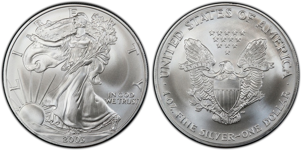 Grading strip showing 2003 Silver Eagles across four condition tiers from heavily marked to gem MS70
